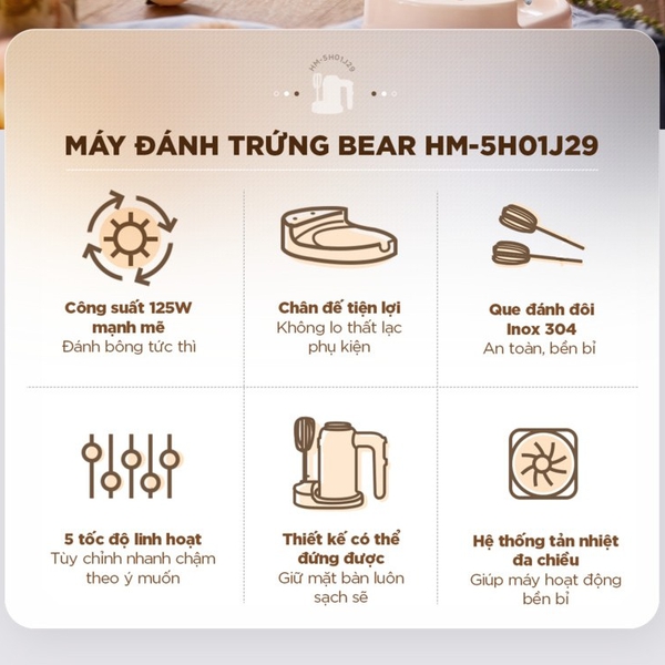 Máy đánh trứng cầm tay đa năng Bear HM-5H01J29, 125W, 5 tốc độ xoay, Chính Hãng, Bảo Hành 18 THÁNG