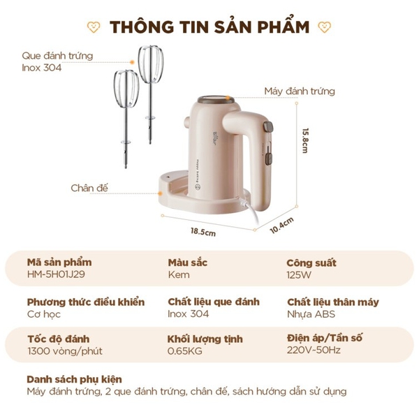 Máy đánh trứng cầm tay đa năng Bear HM-5H01J29, 125W, 5 tốc độ xoay, Chính Hãng, Bảo Hành 18 THÁNG