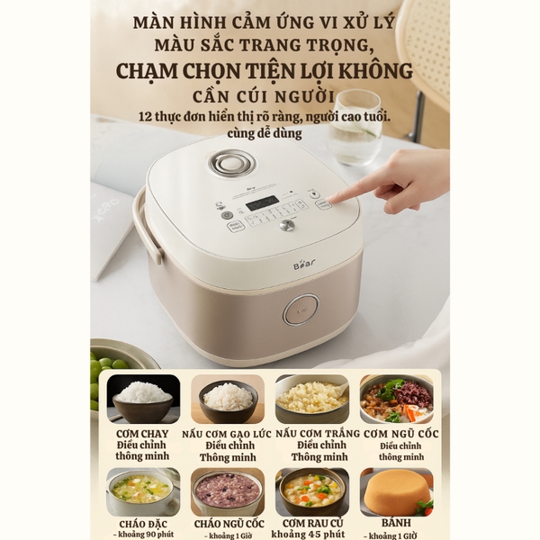 Nồi Cơm Điện 3L Bear RC-4H30S, Lòng Nồi Gang 1L Đa Năng Nấu Cháo Hầm Hâm Nóng, BH 18 Tháng