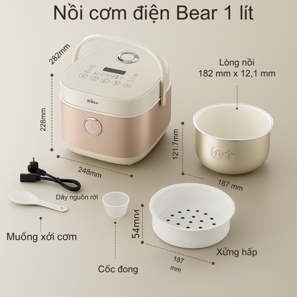 Nồi Cơm Điện 3L Bear RC-4H30S, Lòng Nồi Gang 1L Đa Năng Nấu Cháo Hầm Hâm Nóng, BH 18 Tháng