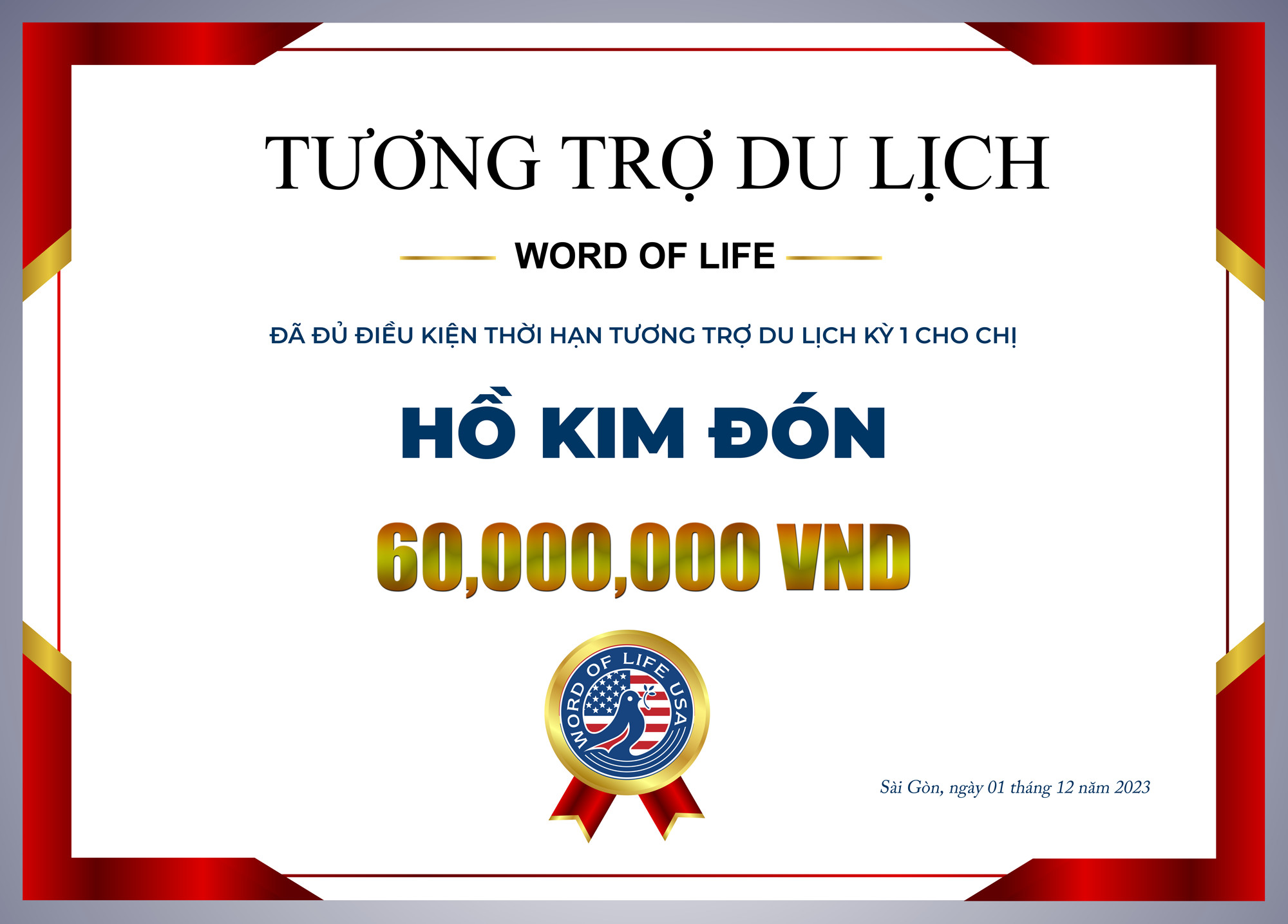 Thành viên Hồ Kim Đón nhận tương trợ phí du lịch kì 1.