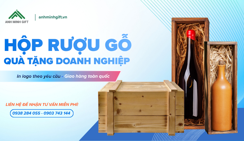 Hộp rượu gỗ in logo theo yêu cầu làm quà tặng doanh nghiệp cao cấp