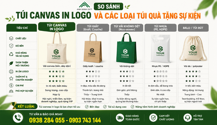 So sánh túi canvas in logo và các loại túi quà tặng sự kiện