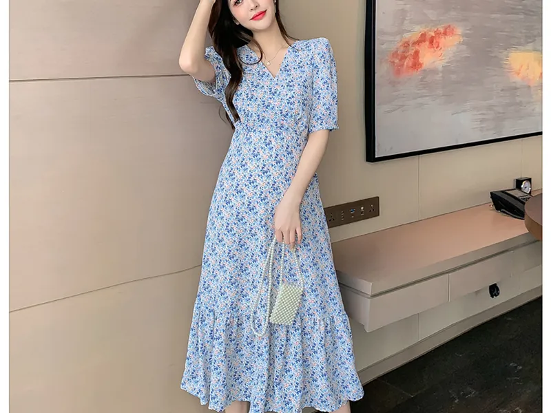 ĐẦM HOA NHÍ DÁNG DÀI CỘC TAY (XANH)