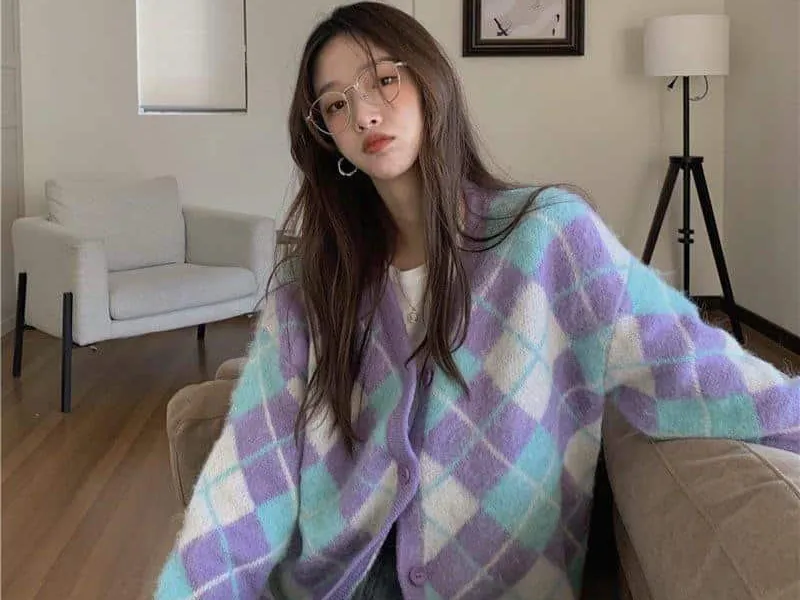 ÁO CADIGAN HÀN QUỐC PHỐI KẺ TRÁM (TÍM XANH)