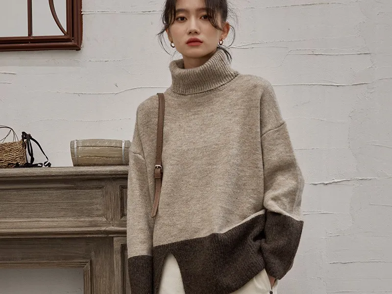 ÁO LEN NỮ HÀN QUỐC CỔ LỌ PHỐI MÀU XẺ VẠT (BE