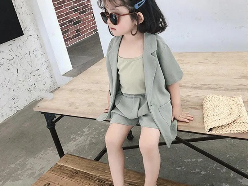 SET VEST BÉ GÁI CỘC TAY HÀN QUỐC (XANH)