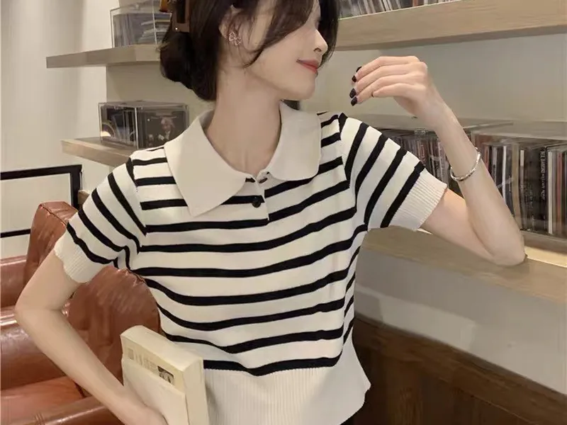 ÁO LEN MONGTOGHI HÀN QUỐC TAY NGẮN KẺ NGANG