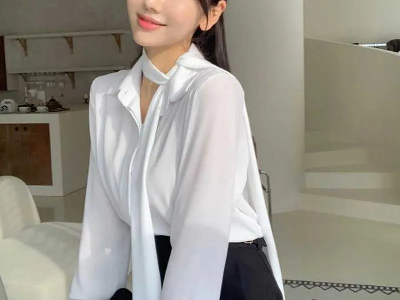 ÁO SƠ MI NỮ HÀN QUỐC CÓ DÂY BUỘC CỔ (TRẮNG)