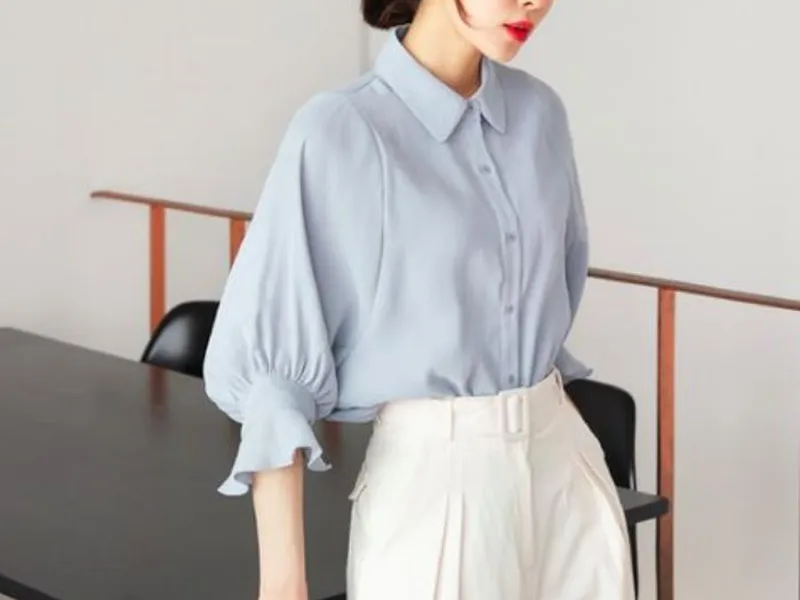 ÁO SƠ MI NỮ TAY NHÚN CÁCH ĐIỆU HÀN QUỐC (XANH)