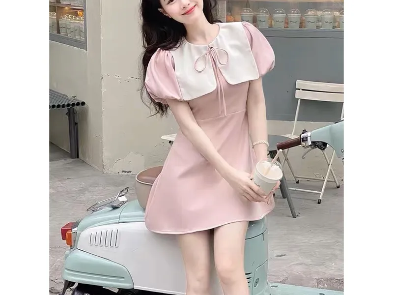 ĐẦM NỮ HÀN QUỐC PHỐI CỔ TRẮNG TIỂU THƯ (HỒNG)