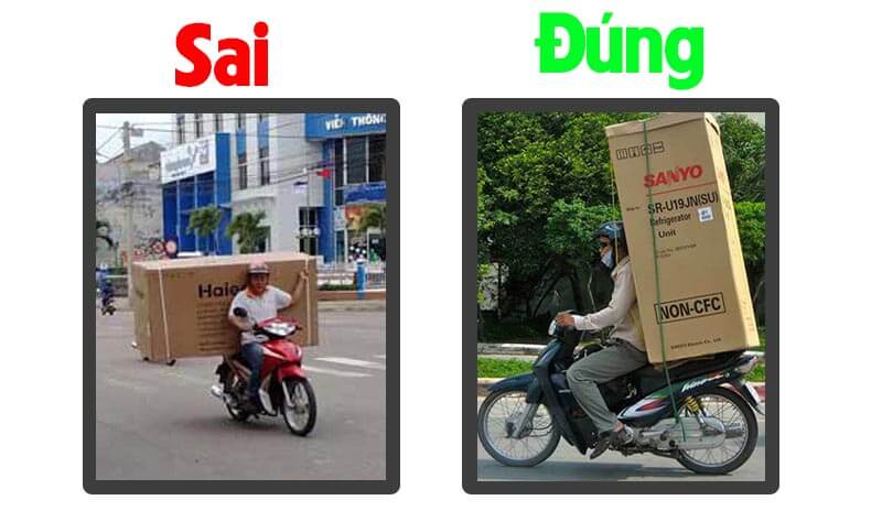 Chở tủ lạnh bằng xe máy
