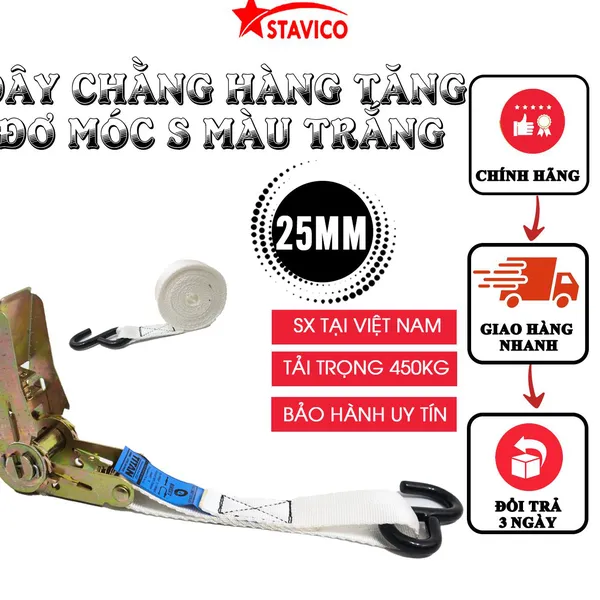 Dây tăng đơ bản 25mm móc S màu trắng 450kgs