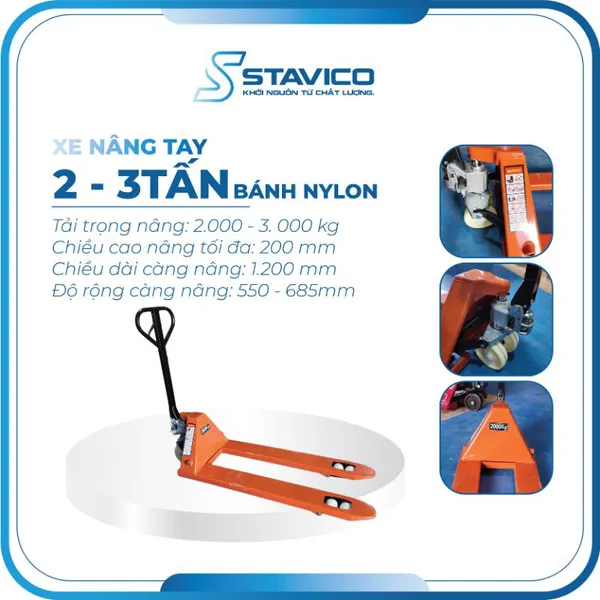 Xe Nâng Tay 2 Tấn Bánh Nylon Màu Cam Càng 1200x550mm