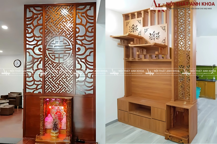 Vách ngăn kết hợp bàn thờ hiện đại với kệ trang trí Vách ngăn kết hợp bàn thờ hiện đại với kệ trang trí