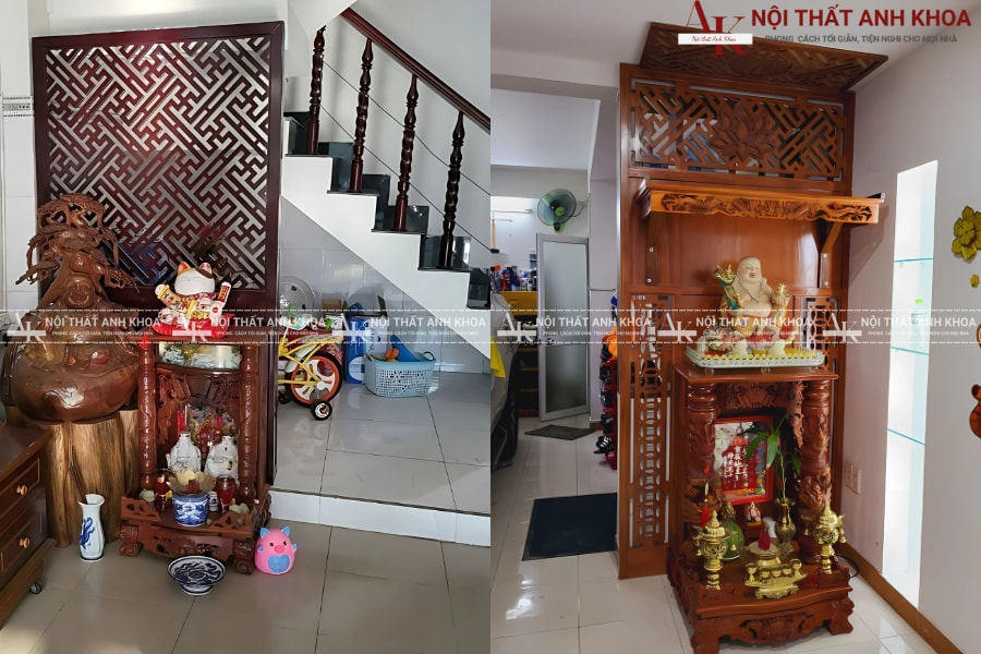 Vách ngăn bàn thờ Ông Địa với hoa văn tứ linh Vách ngăn bàn thờ Ông Địa với hoa văn tứ linh