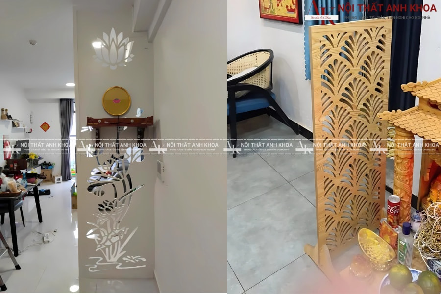 Vách ngăn bàn thờ ông địa họa tiết sen truyền thống Vách ngăn bàn thờ ông địa họa tiết sen truyền thống