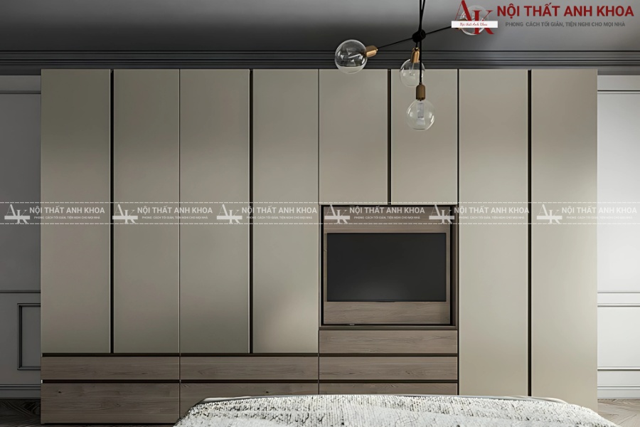Mẫu tủ quần áo kết hợp kệ tivi với ngăn kéo thông minh Mẫu tủ quần áo kết hợp kệ tivi với ngăn kéo thông minh