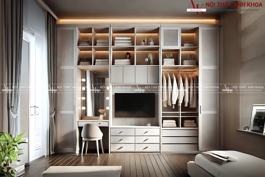 Mẫu tủ quần áo kết hợp kệ tivi treo tường Mẫu tủ quần áo kết hợp kệ tivi treo tường