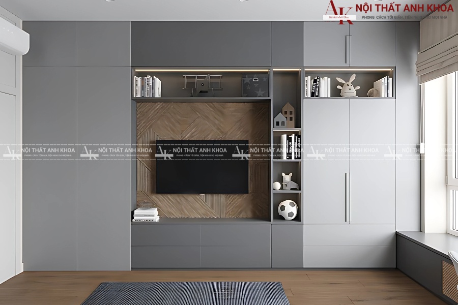 Mẫu tủ quần áo kết hợp kệ tivi phân tầng Mẫu tủ quần áo kết hợp kệ tivi phân tầng