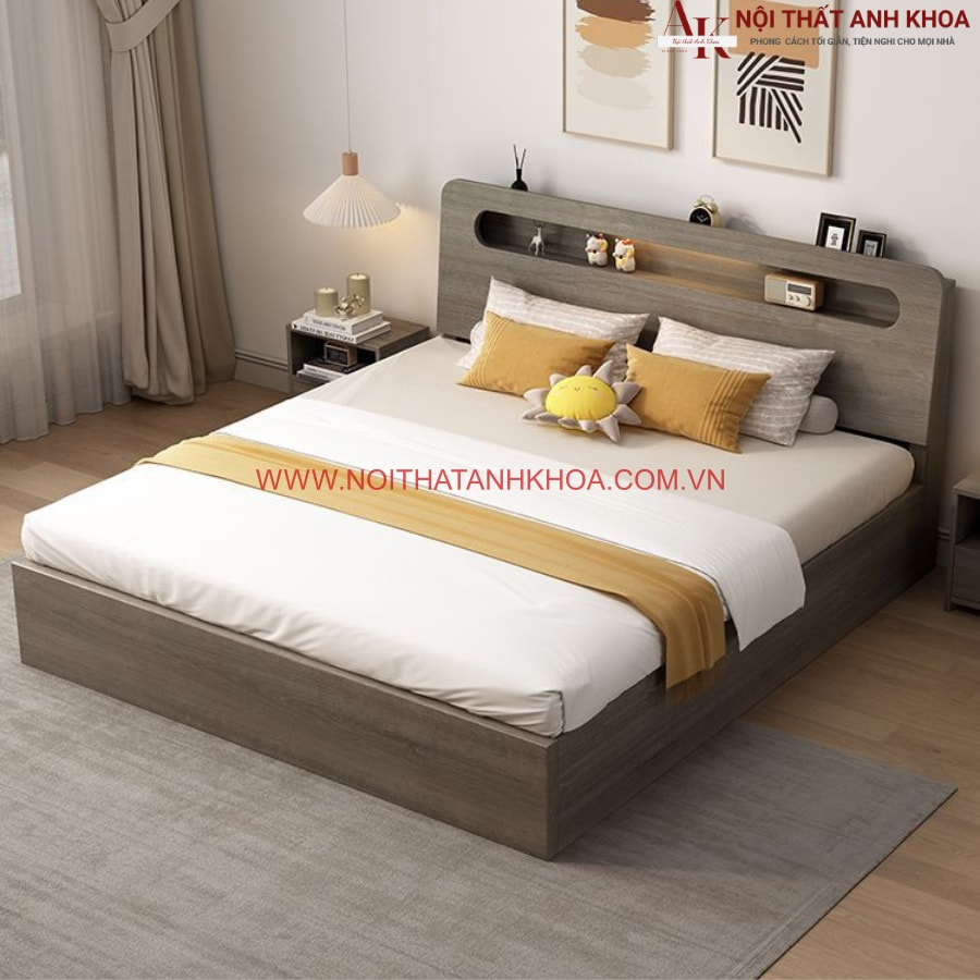 Giường ngủ gỗ MDF màu xám vân gỗ hiện đại Giường ngủ gỗ MDF màu xám vân gỗ hiện đại