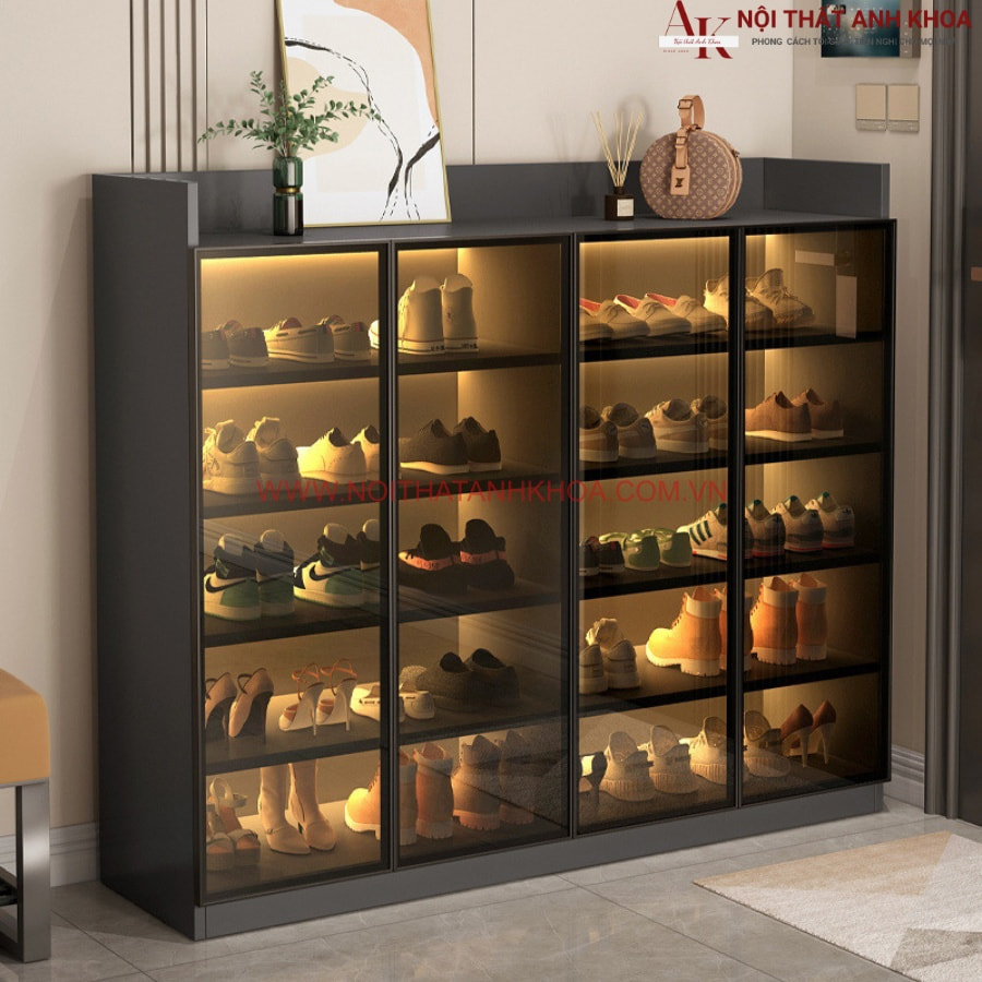 Tủ giày dép cánh kính gỗ MDF hiện đại giá tốt màu xám chì Tủ giày dép cánh kính gỗ MDF hiện đại giá tốt màu xám chì