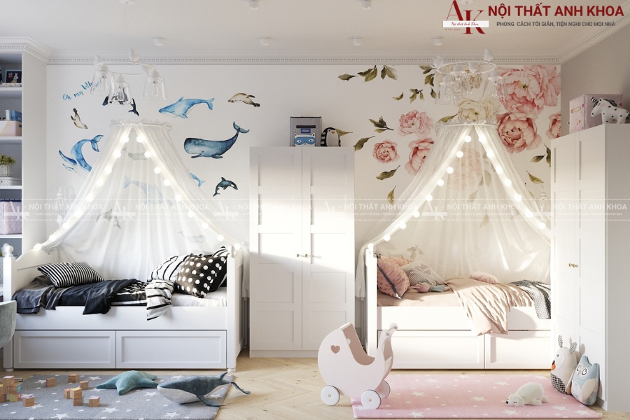 Phòng ngủ bé gái 2 giường đẹp chuẩn xu hướng 2025 Phòng ngủ bé gái 2 giường đẹp chuẩn xu hướng 2025