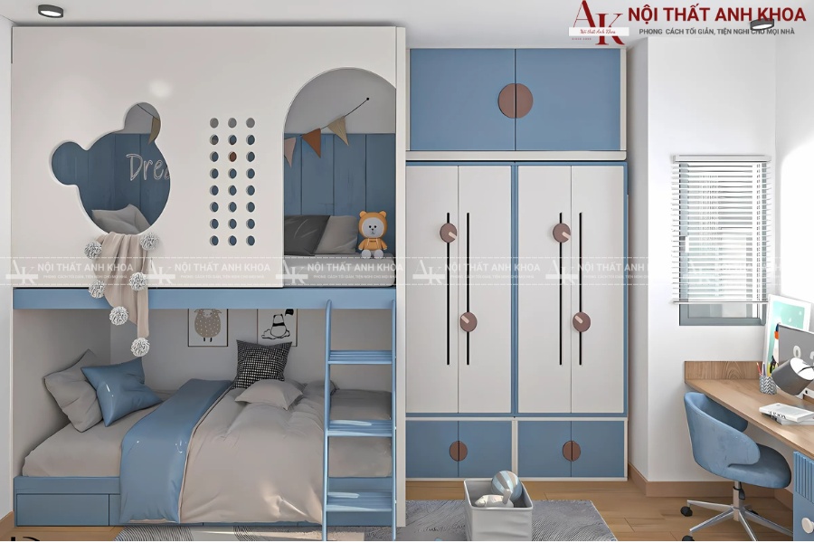Mẫu phòng ngủ cho 2 bé trai gái với giường tầng thông minh Mẫu phòng ngủ cho 2 bé trai gái với giường tầng thông minh