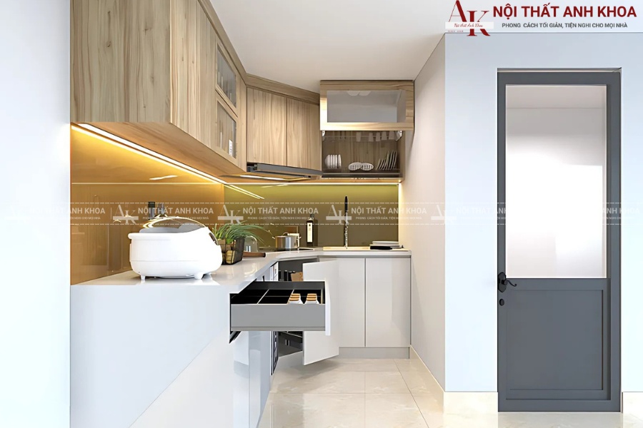 Tủ bếp góc hiện đại tích hợp thiết bị thông minh Tủ bếp góc hiện đại tích hợp thiết bị thông minh