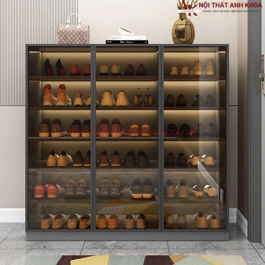 Tủ Giày Cánh Kính Khung Gỗ Công Nghiệp Có Led Tủ Giày Cánh Kính Khung Gỗ Công Nghiệp Có Led