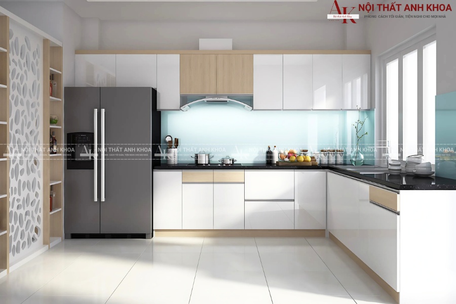 Mẫu tủ bếp chữ L với gam màu sáng Mẫu tủ bếp chữ L với gam màu sáng