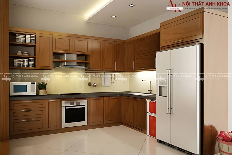 Tủ bếp chữ L màu gỗ ấm áp - Tạo không gian bếp ấm cúng Tủ bếp chữ L màu gỗ ấm áp - Tạo không gian bếp ấm cúng