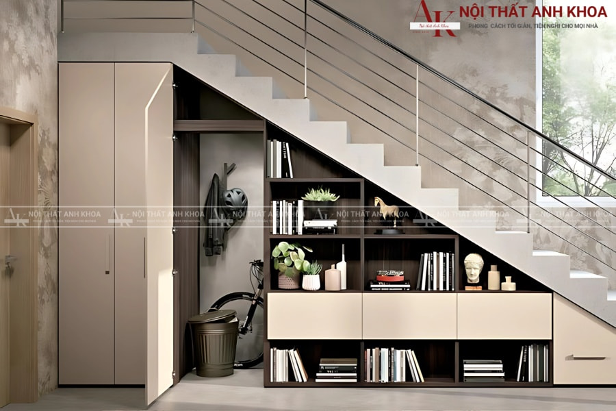Tủ âm cầu thang gỗ MDF - Bền đẹp, giá tốt Tủ âm cầu thang gỗ MDF - Bền đẹp, giá tốt