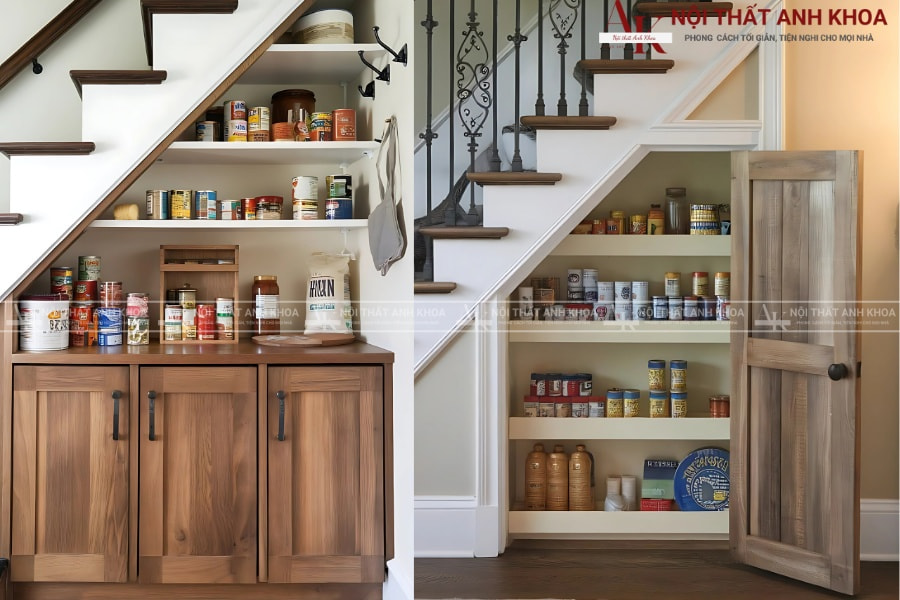 Tủ âm cầu thang đựng đồ khô gia đình Tủ âm cầu thang đựng đồ khô gia đình