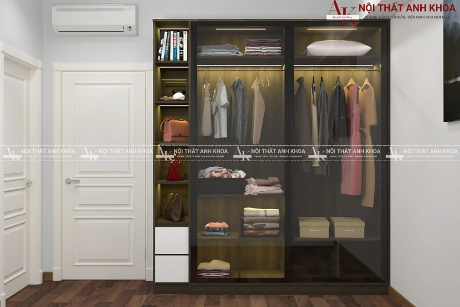 Mẫu tủ quần áo cửa kéo ngang cánh kính gỗ MDF Mẫu tủ quần áo cửa kéo ngang cánh kính gỗ MDF