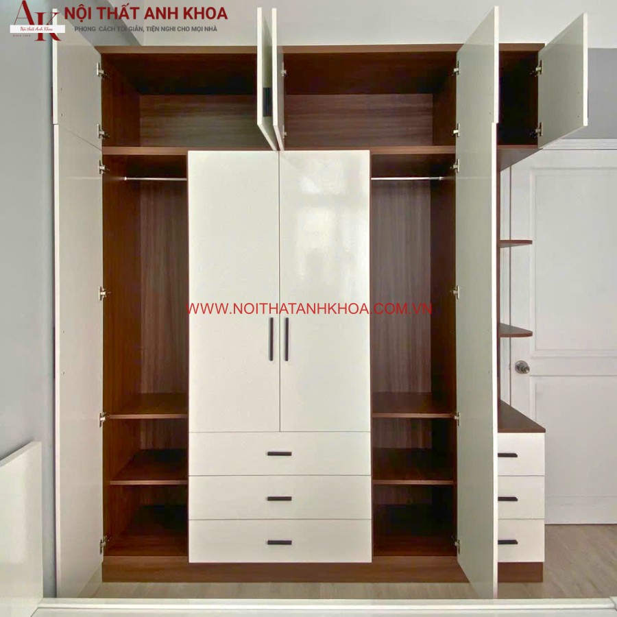 Tủ quần áo gam màu nâu vân gỗ phối cánh trắng tinh tế Tủ quần áo gam màu nâu vân gỗ phối cánh trắng tinh tế