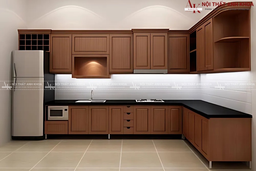 Mẫu tủ bếp nhôm giả gỗ - Thiết kế thông minh tiện lợi Mẫu tủ bếp nhôm giả gỗ - Thiết kế thông minh tiện lợi
