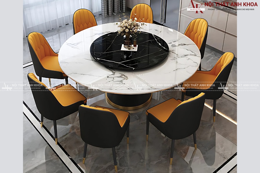 Bàn ăn tròn 8 ghế mặt đá chân Inox mạ vàng Bàn ăn tròn 8 ghế mặt đá chân Inox mạ vàng