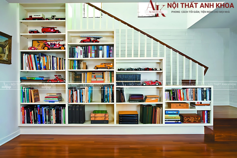 Tủ kệ sách gầm cầu thang màu trắng - Hiện đại, tinh tế Tủ kệ sách gầm cầu thang màu trắng - Hiện đại, tinh tế