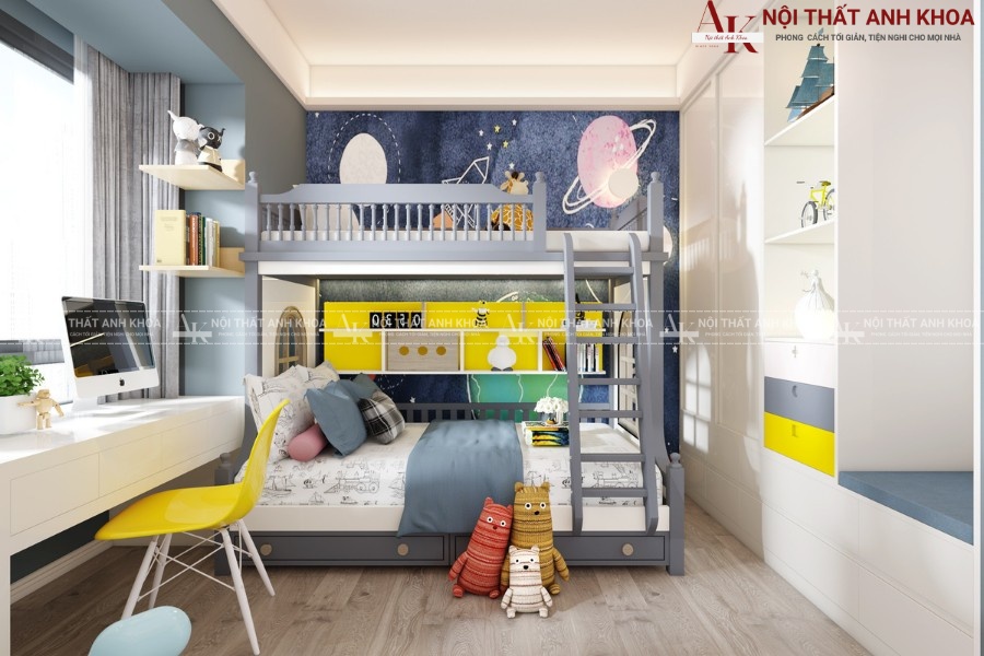 Phòng ngủ 2 bé trai với tone màu trẻ trung cá tính Phòng ngủ 2 bé trai với tone màu trẻ trung cá tính