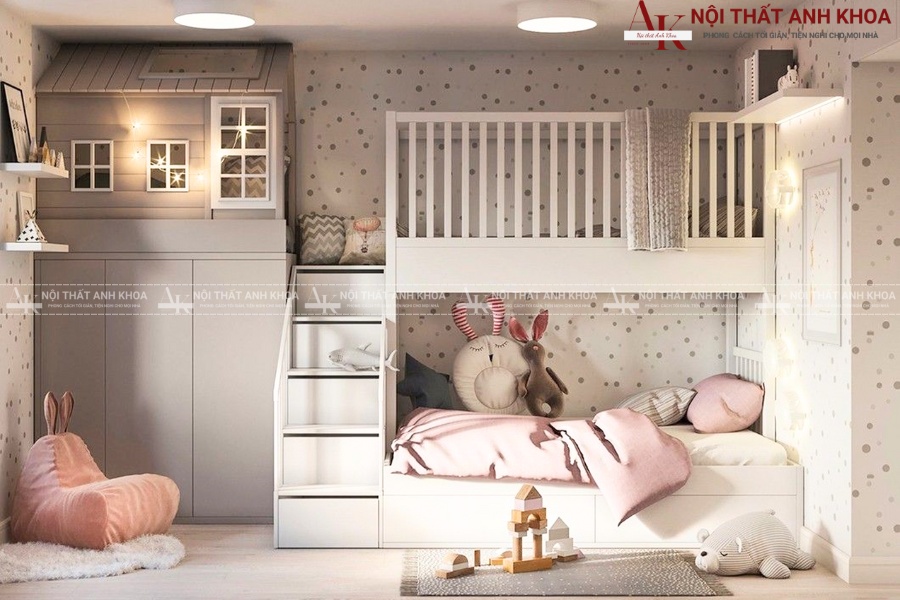 Mẫu giường tầng bé gái có cầu thang an toàn Mẫu giường tầng bé gái có cầu thang an toàn