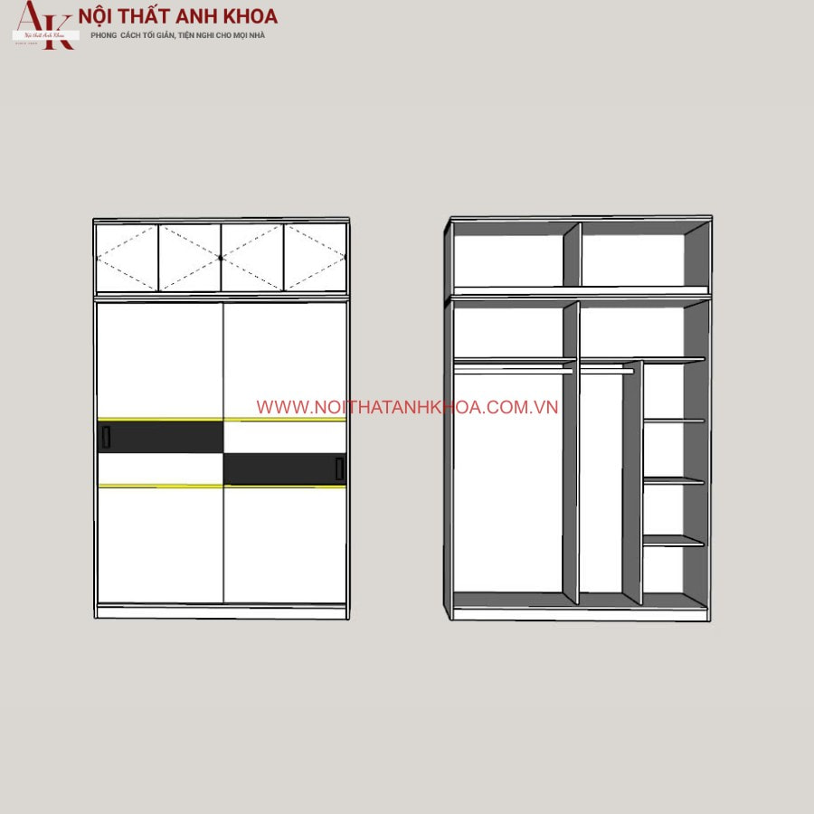 Tủ quần áo cửa lùa 2 cánh màu trắng phối viền đen đẹp hiện đại Tủ quần áo cửa lùa 2 cánh màu trắng phối viền đen đẹp hiện đại