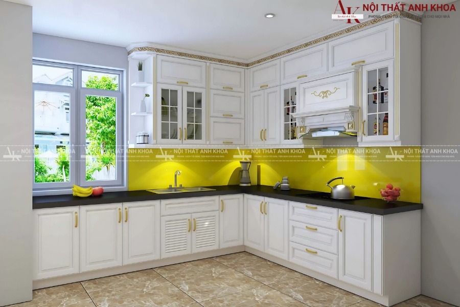 Mẫu tủ bếp chữ L tone trắng đẹp thanh lịch Mẫu tủ bếp chữ L tone trắng đẹp thanh lịch