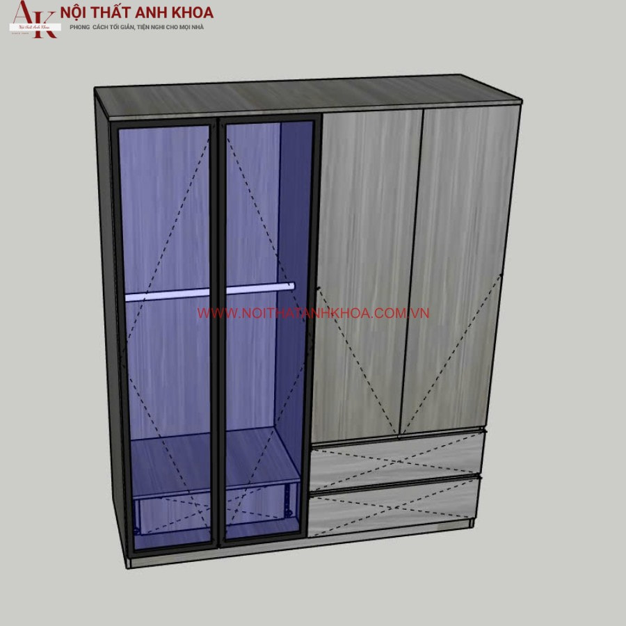Tủ quần áo gỗ công nghiệp kết hợp cánh kính gam màu xám hiện đại Tủ quần áo gỗ công nghiệp kết hợp cánh kính gam màu xám hiện đại