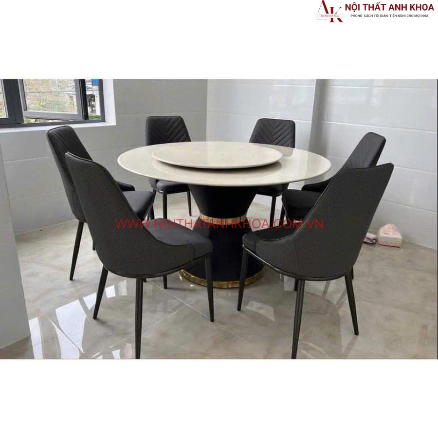 Bàn ăn 6 ghế mặt đá tròn xoay hiện đại Bàn ăn 6 ghế mặt đá tròn xoay hiện đại