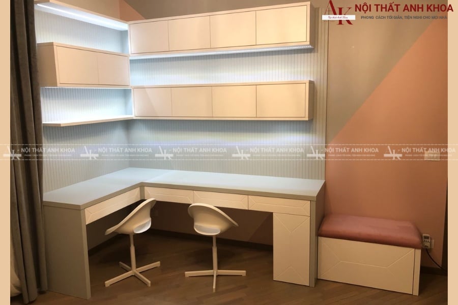 Bàn học chữ L kết hợp bàn làm việc đôi Bàn học chữ L kết hợp bàn làm việc đôi