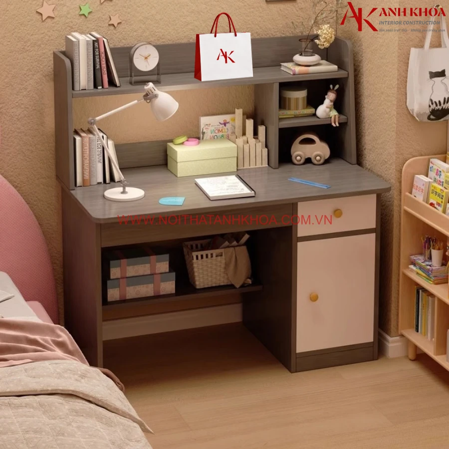 Bàn học có kệ cho bé gỗ công nghiệp màu xám chì phối trắng Bàn học có kệ cho bé gỗ công nghiệp màu xám chì phối trắng