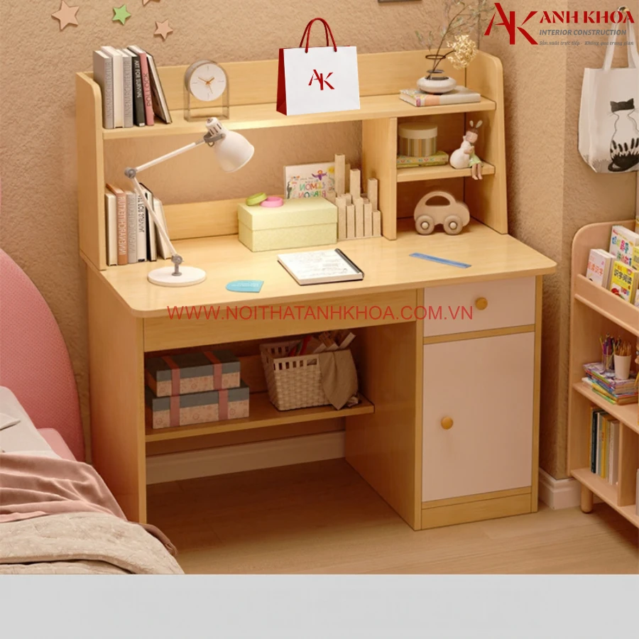 Bàn học có kệ cho bé gỗ công nghiệp màu vàng phối trắng Bàn học có kệ cho bé gỗ công nghiệp màu vàng phối trắng