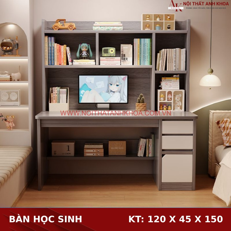 Bàn học gỗ công nghiệp hiện đại màu xám phối trắng Bàn học gỗ công nghiệp hiện đại màu xám phối trắng