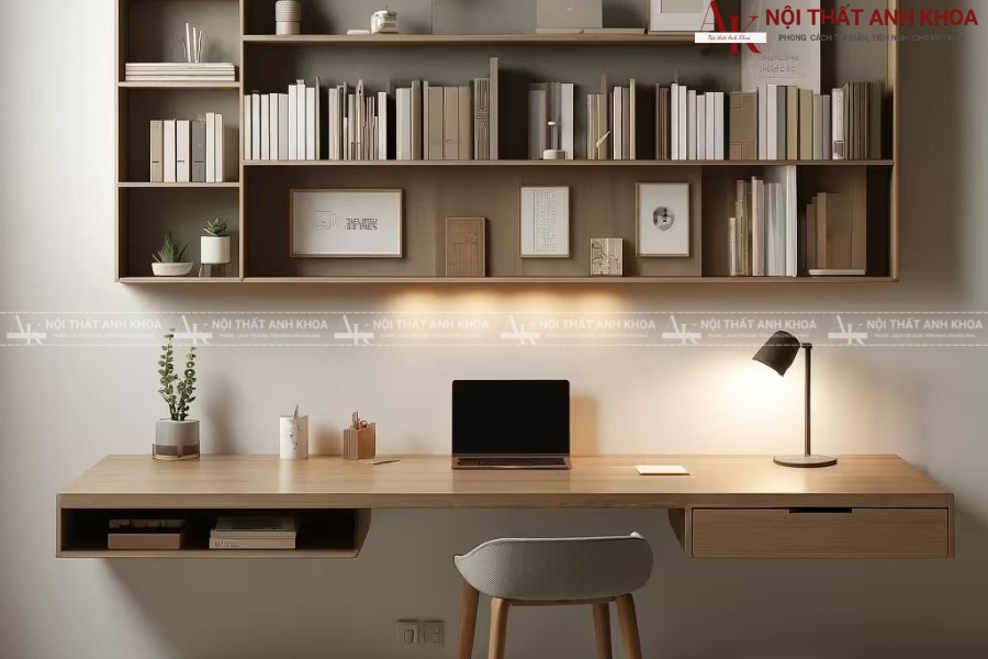Bàn học treo tường tích hợp giá sách Bàn học treo tường tích hợp giá sách